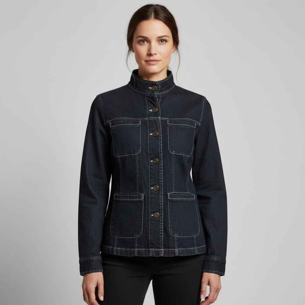 Rebecca Malone Denim Jacket Womens Small Dark Blue Casual Full Button Stretch
